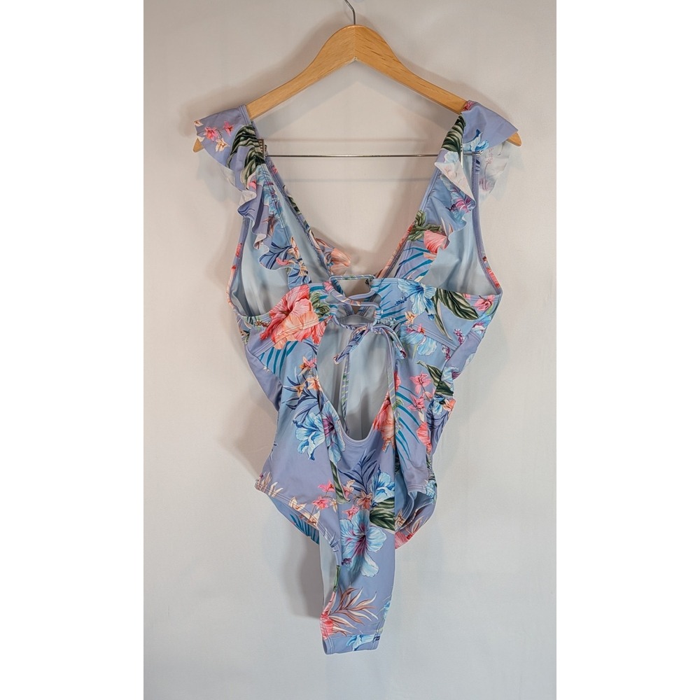 Cupshe Tropical Floral Ruffle One Piece Swimsuit Hibiscus Lace Up Back Womens XL - Picture 2 of 4